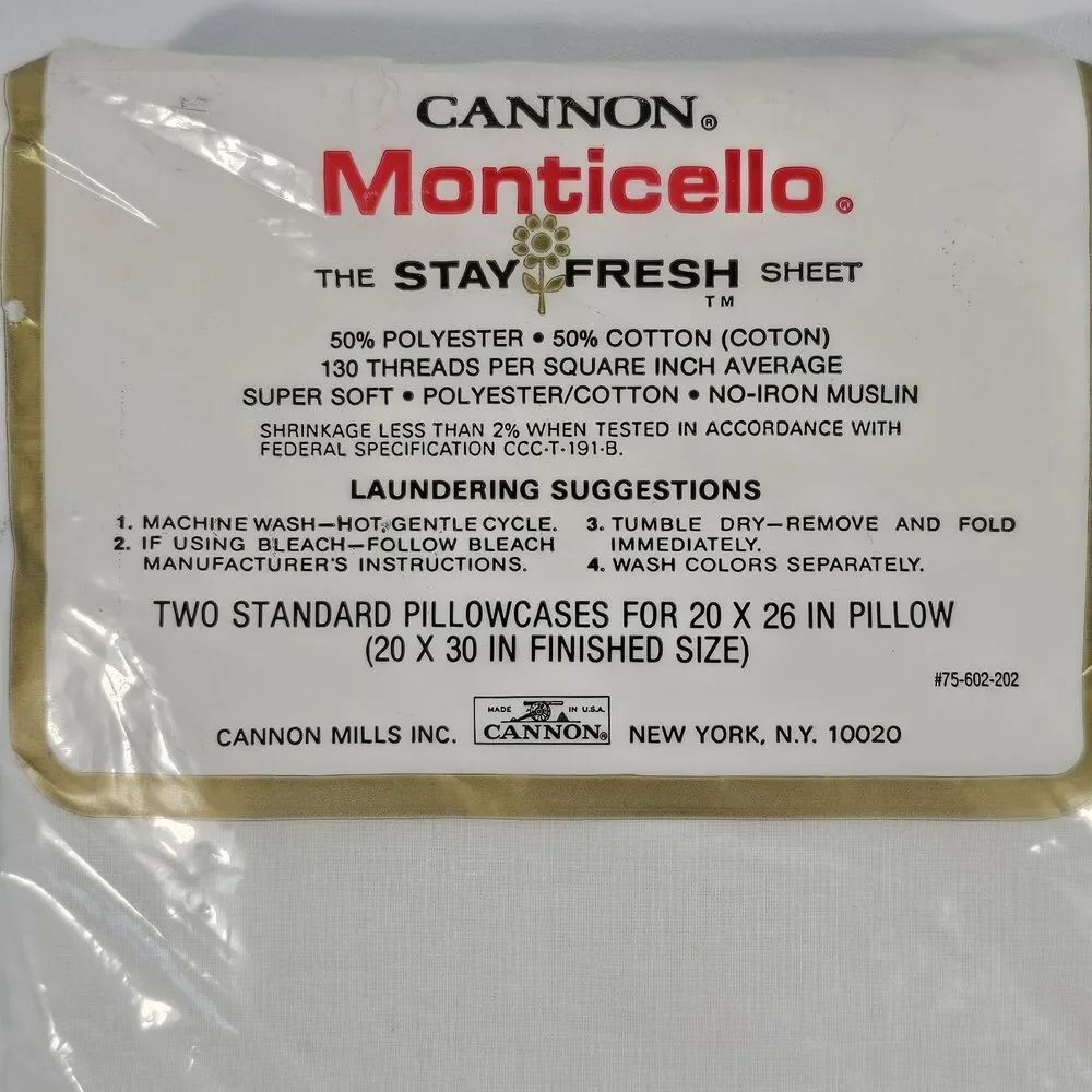 Vintage Cannon Monticello No-Iron Pillowcases 50/50 Cotton Polyester 20x30 White
